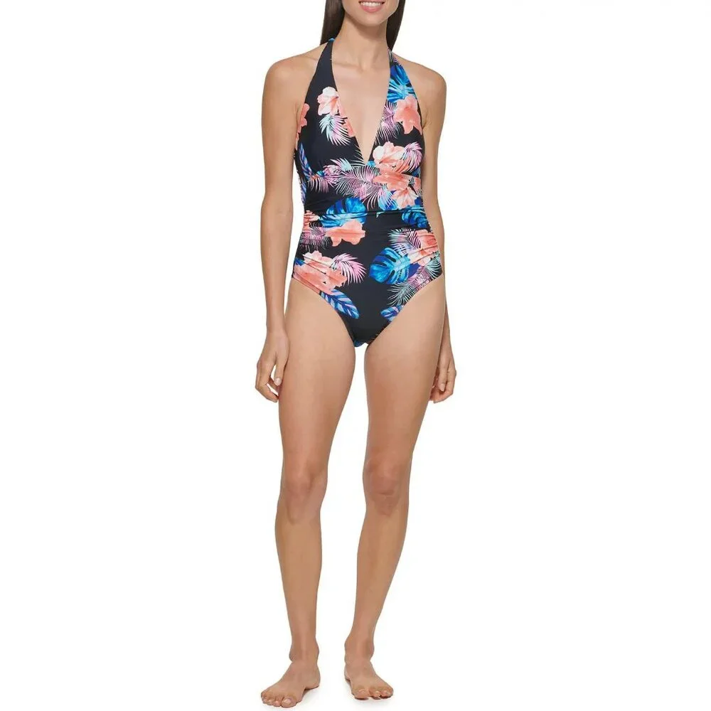 DKNY Women's Floral One Piece Halter Style Swimsuit Sz Medium NWT - Picture 2 of 11